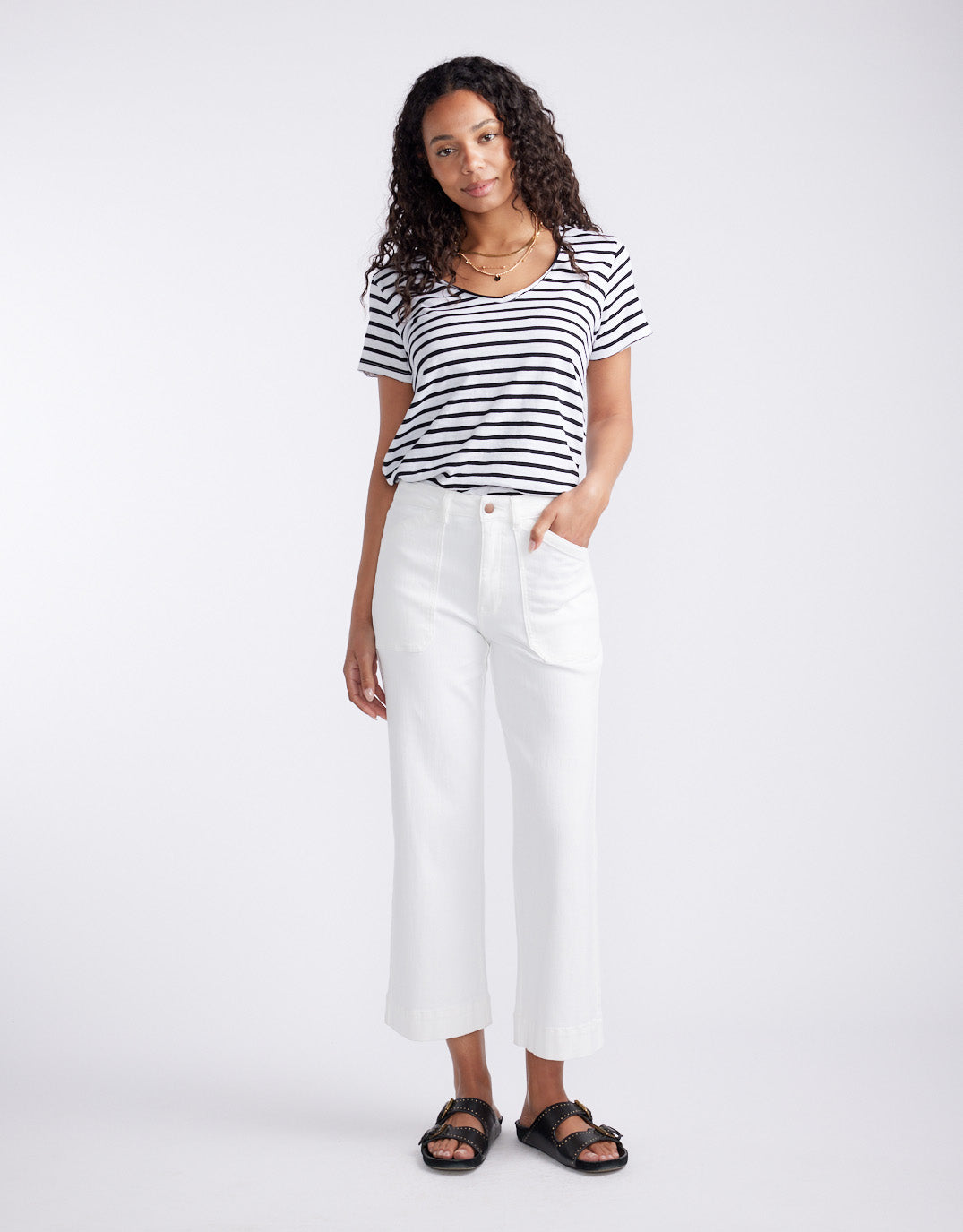 White & Co. Original V Neck T-Shirt (Black/White Stripe)