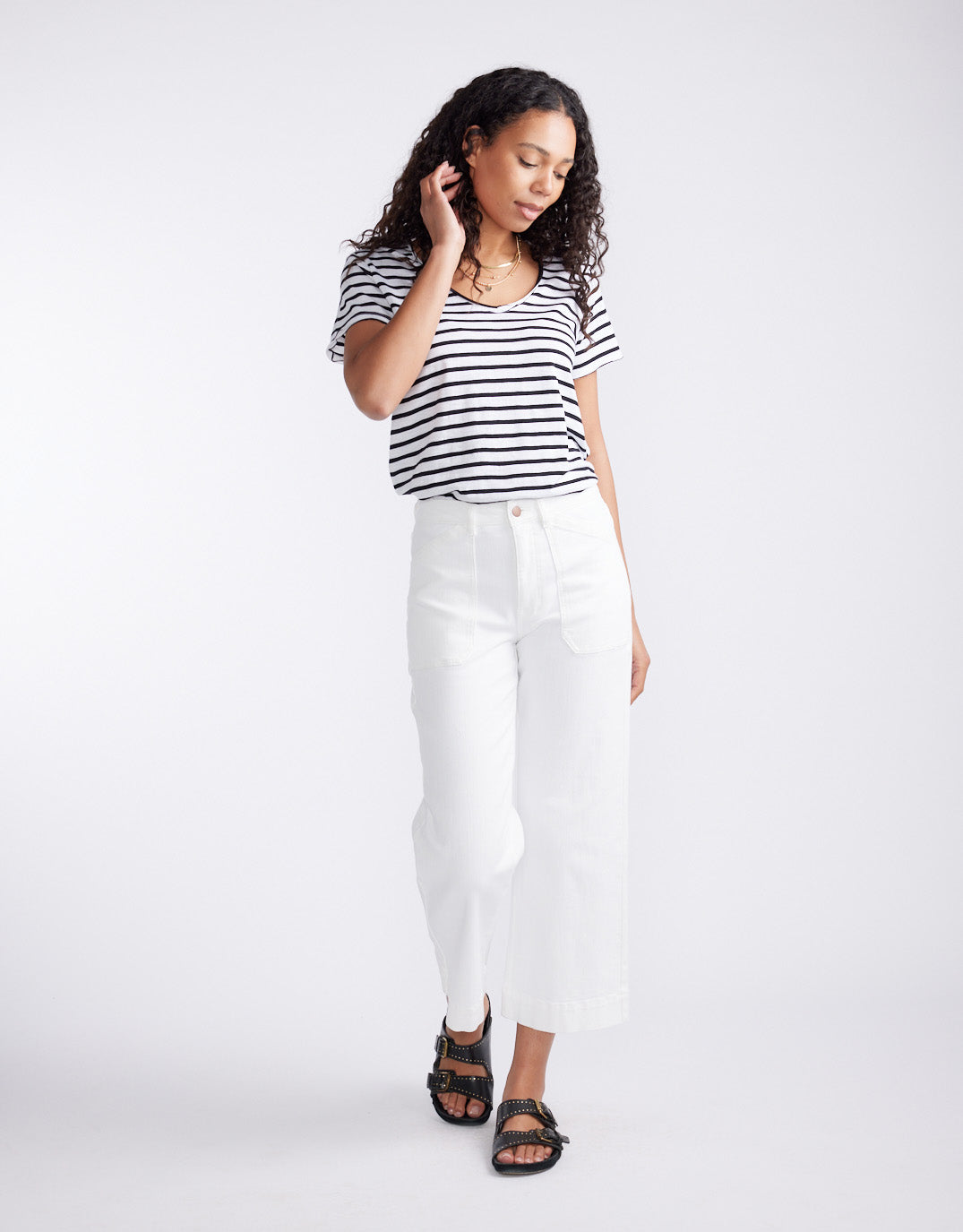 White & Co. Original V Neck T-Shirt (Black/White Stripe)