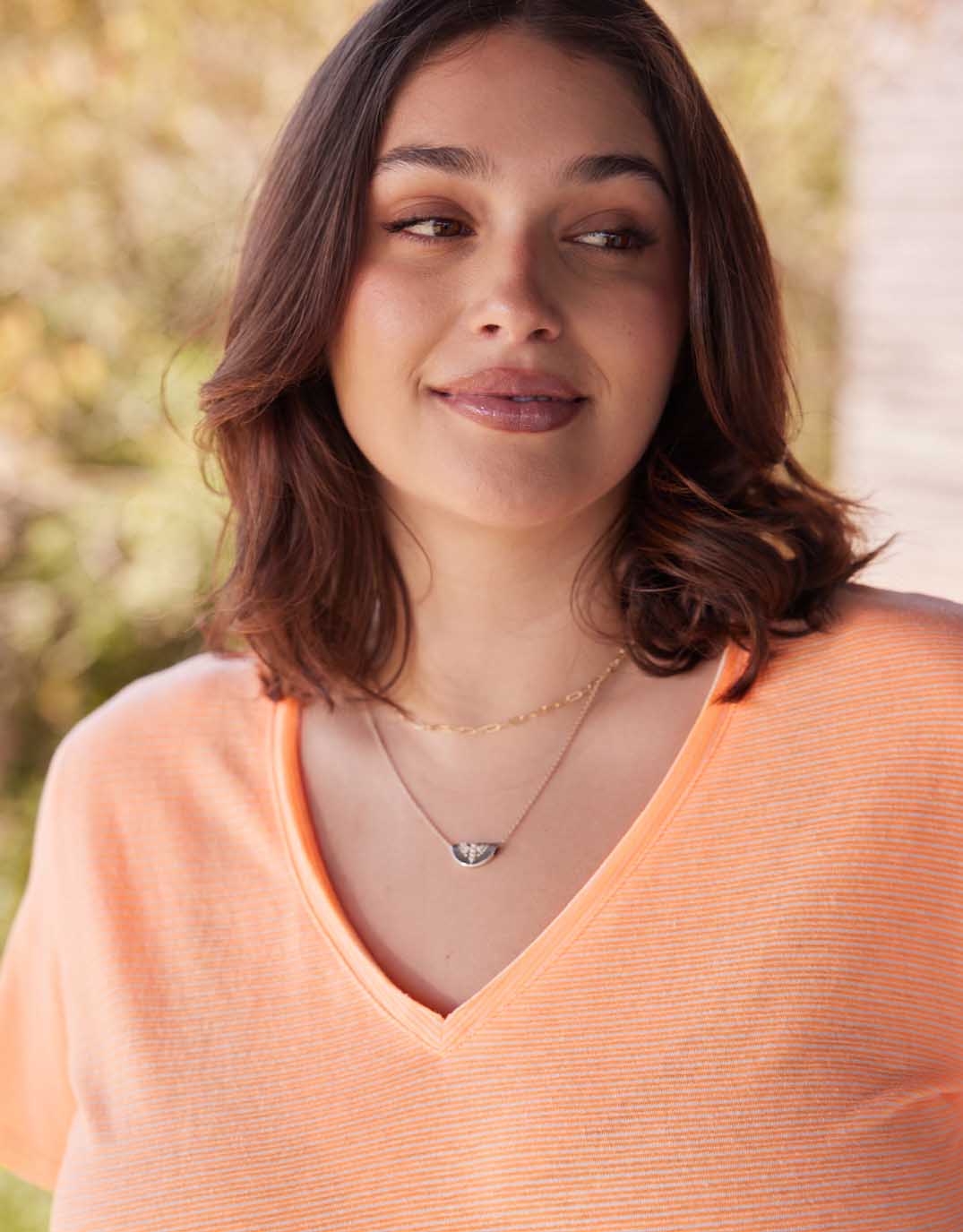 White & Co. Sorbet Stripe Vee Neck Tee (Neon Orange)