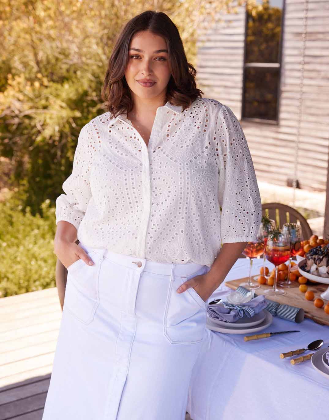 Image of a model wearing Tops. Productname: The Hamptons Top - in White colour by brand - White & Co.