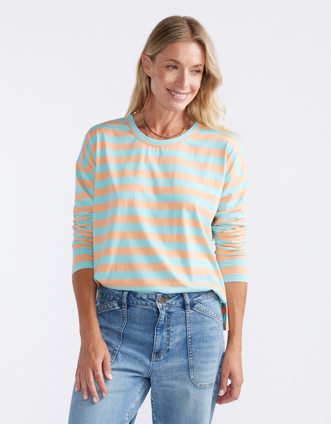 Image of T-Shirts. Productname: Relaxed Long Sleeve T-Shirt - in Aqua/Peach Stripe colour by brand - White & Co.