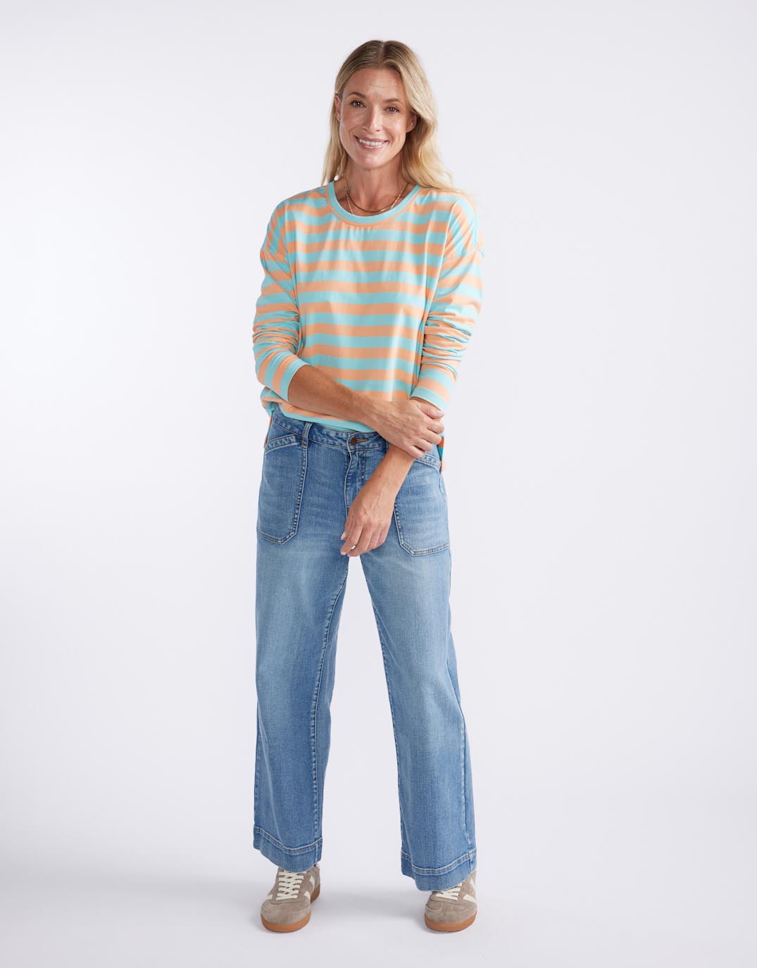 White & Co. Relaxed Long Sleeve T-Shirt (Aqua/Peach Stripe)