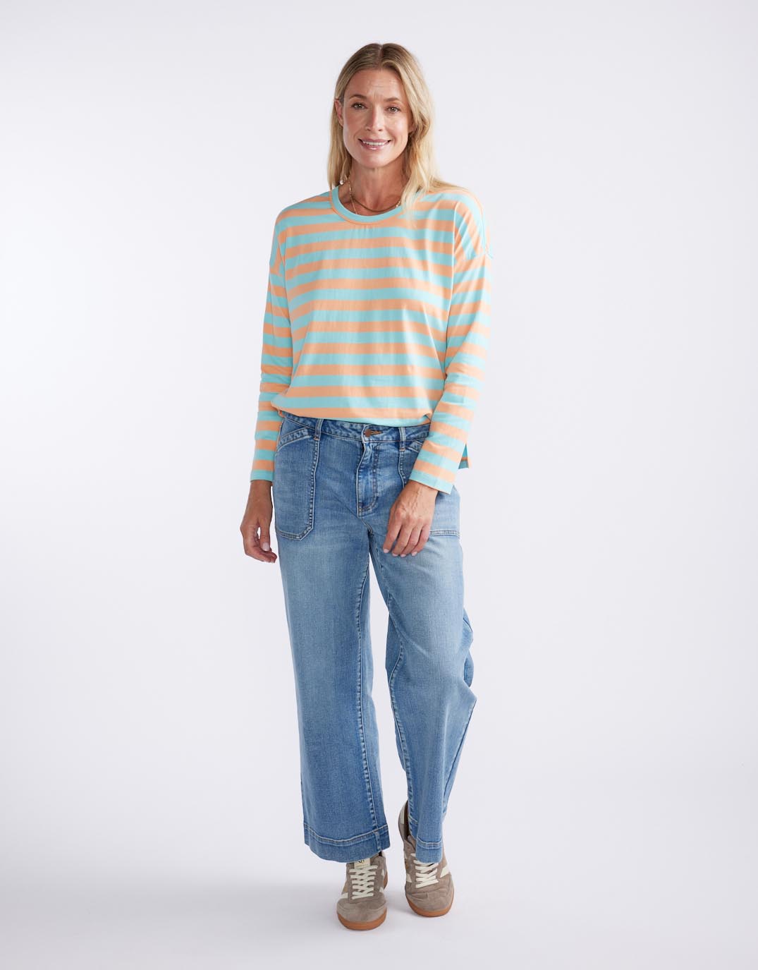 White & Co. Relaxed Long Sleeve T-Shirt (Aqua/Peach Stripe)