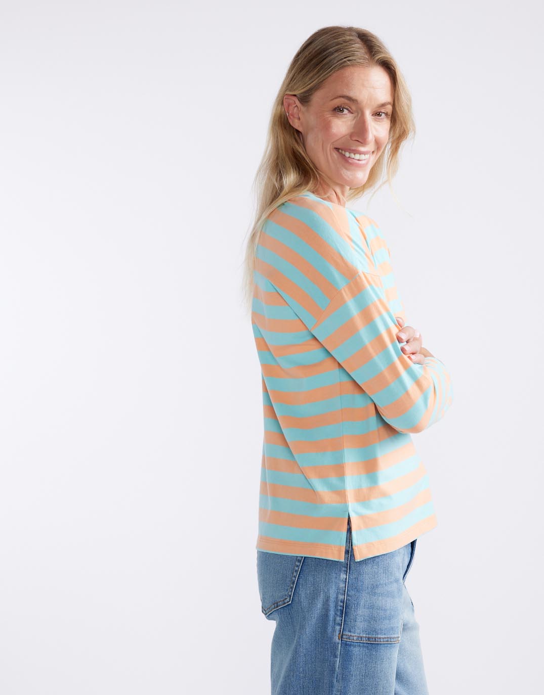 White & Co. Relaxed Long Sleeve T-Shirt (Aqua/Peach Stripe)