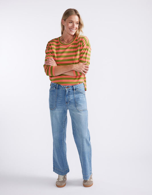 Image of T-Shirts. Productname: Relaxed Long Sleeve T-Shirt - in Green/Melon colour by brand - White & Co.