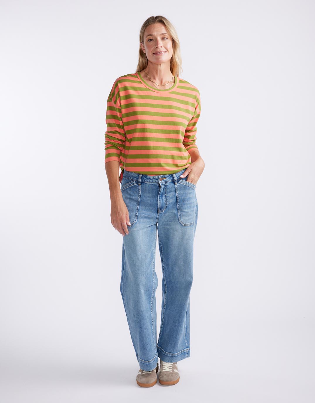 White & Co. Relaxed Long Sleeve T-Shirt (Green/Melon)