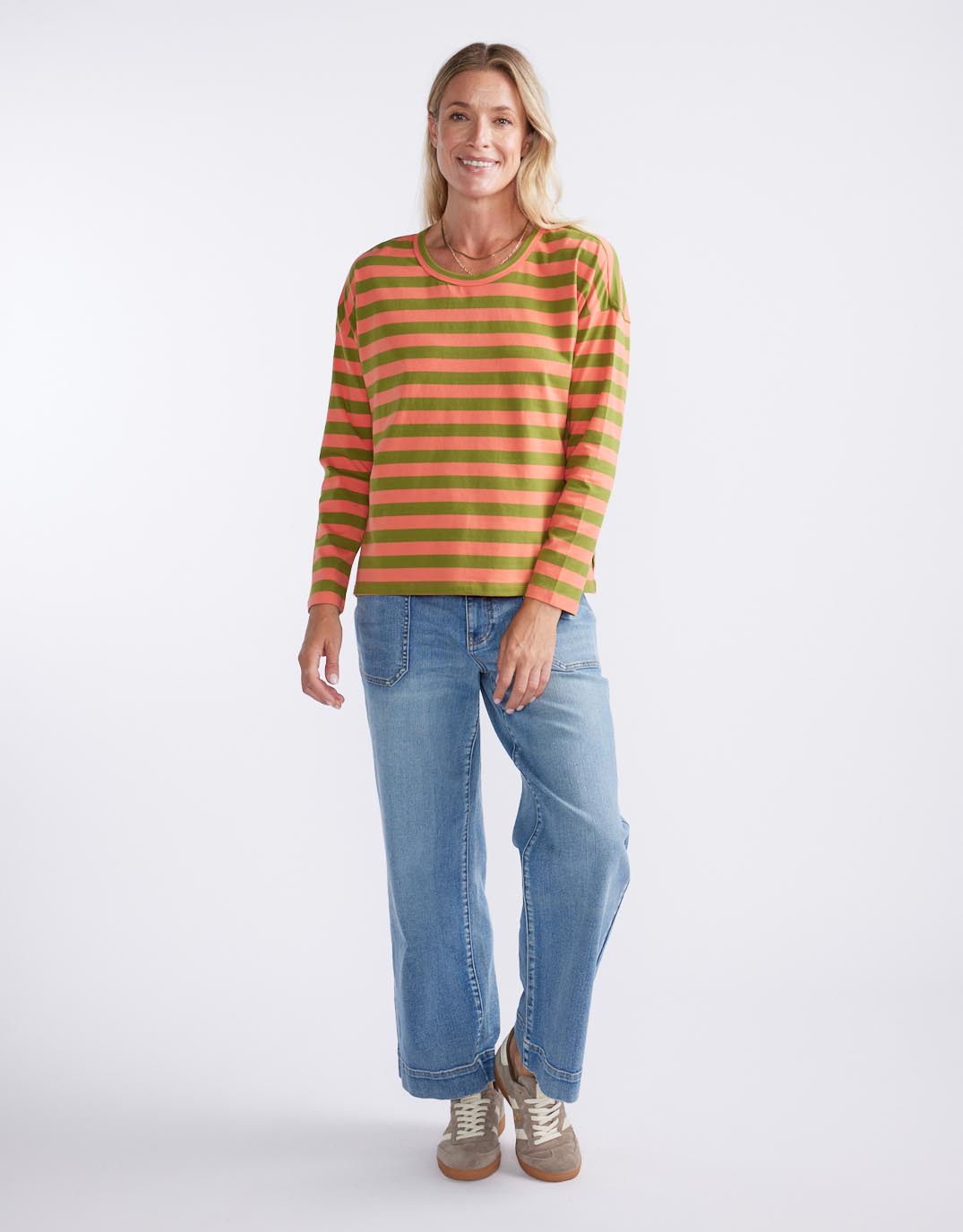 White & Co. Relaxed Long Sleeve T-Shirt (Green/Melon)