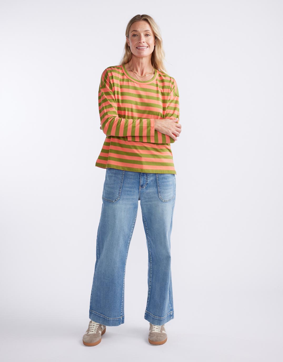 White & Co. Relaxed Long Sleeve T-Shirt (Green/Melon)
