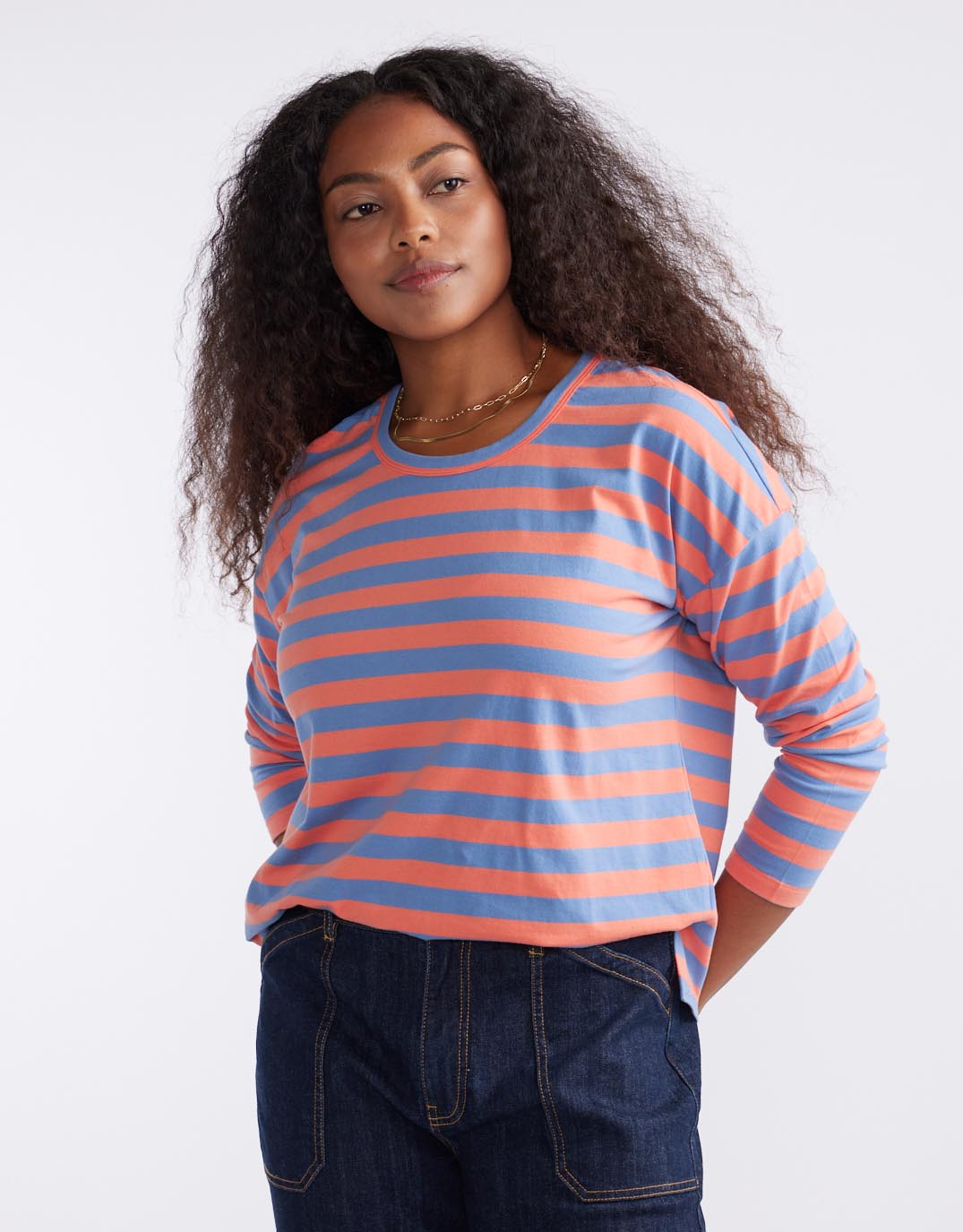 White & Co. Relaxed Long Sleeve T-Shirt (Melon/Denim Stripe)