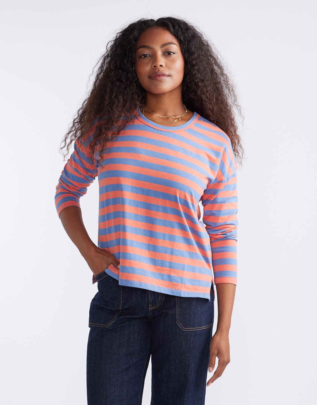 White & Co. Relaxed Long Sleeve T-Shirt (Melon/Denim Stripe)