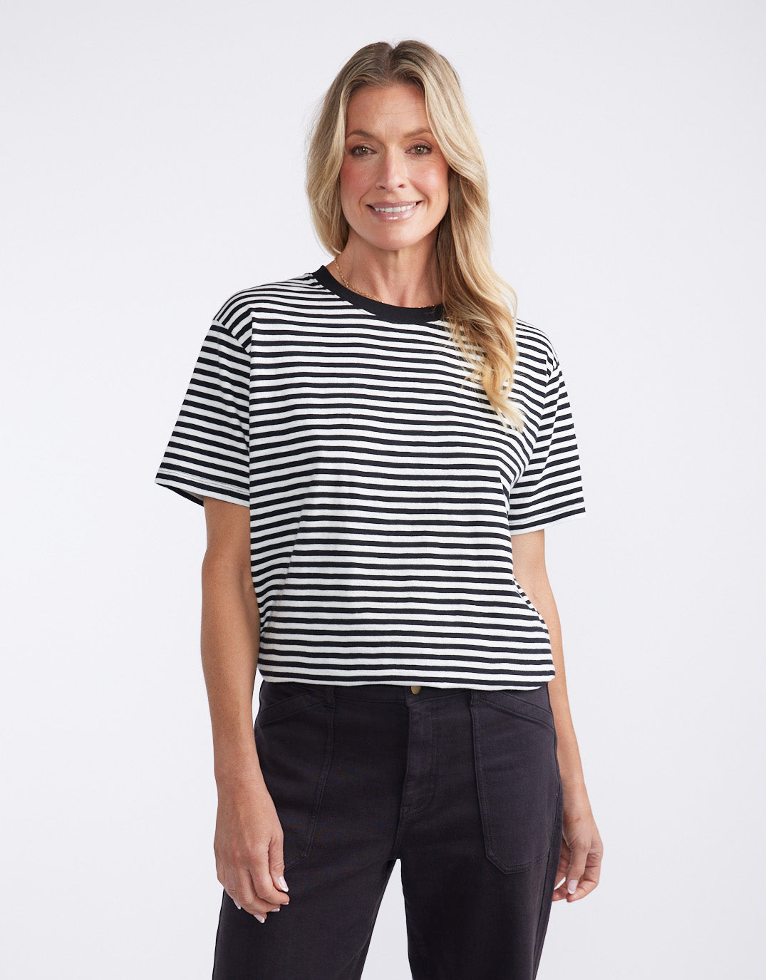 Image of T-Shirts. Product name - Relaxed Tee Black/White Stripe in Black/White Stripe colour by brand - White & Co.