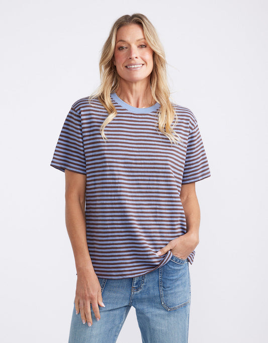 Image of T-Shirts. Product name - Relaxed Tee Blue/Chocolate in Blue/Chocolate colour by brand - White & Co.