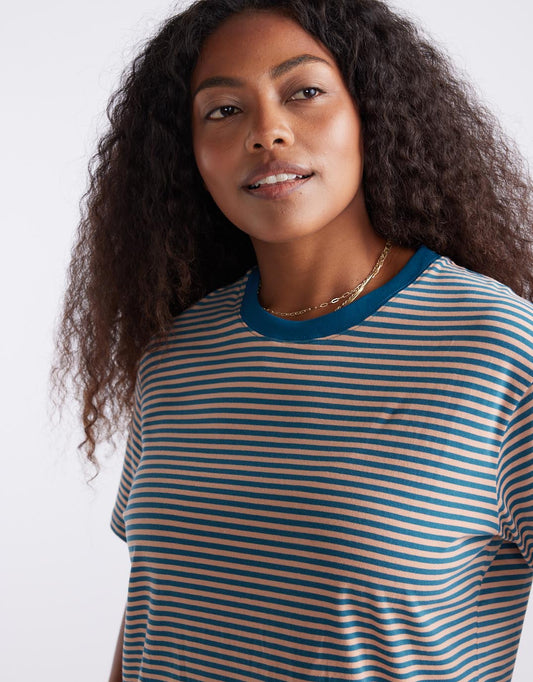 Image of T-Shirts. Productname: Relaxed Tee - in Teal/Peach Stripe colour by brand - White & Co.