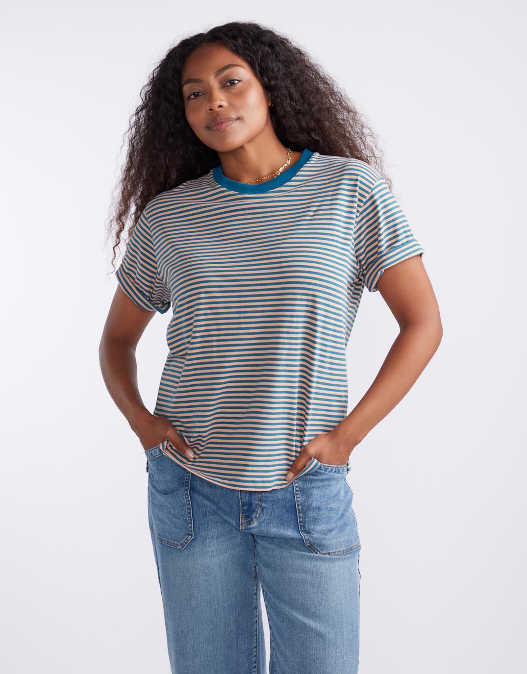 White & Co. Relaxed Tee (Teal/Peach Stripe)