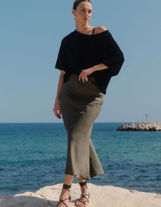 Bliss Linen Bias Midi Skirt - (Khaki)