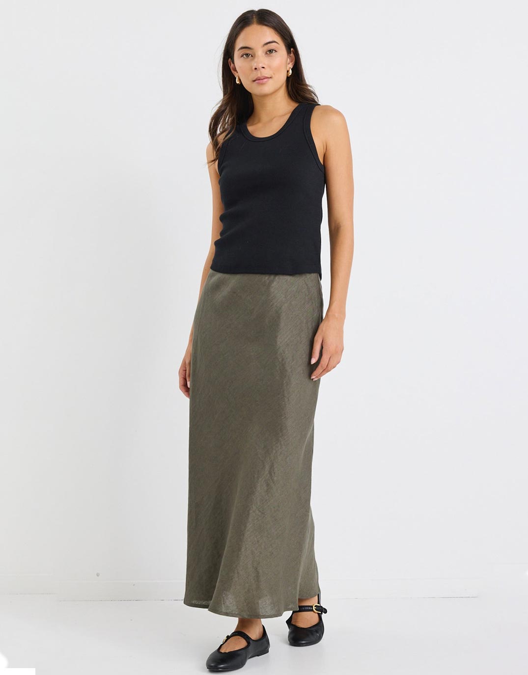 Re:Union The Label Bliss Linen Bias Midi Skirt (Khaki)