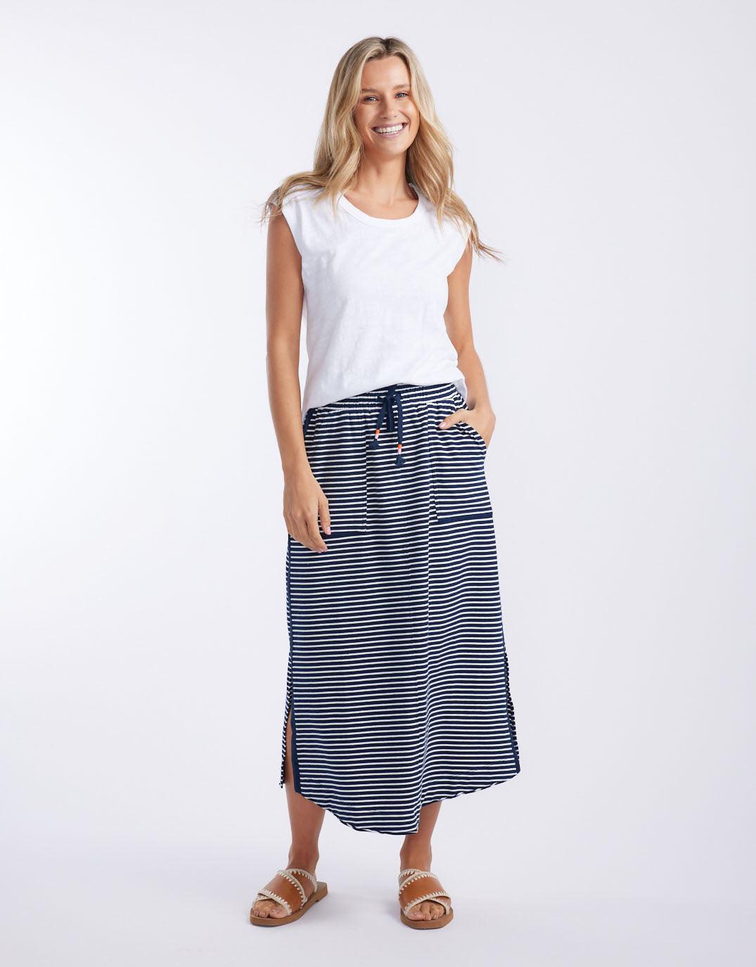 White & Co. Signature Midi Skirt (Navy/White Stripe)