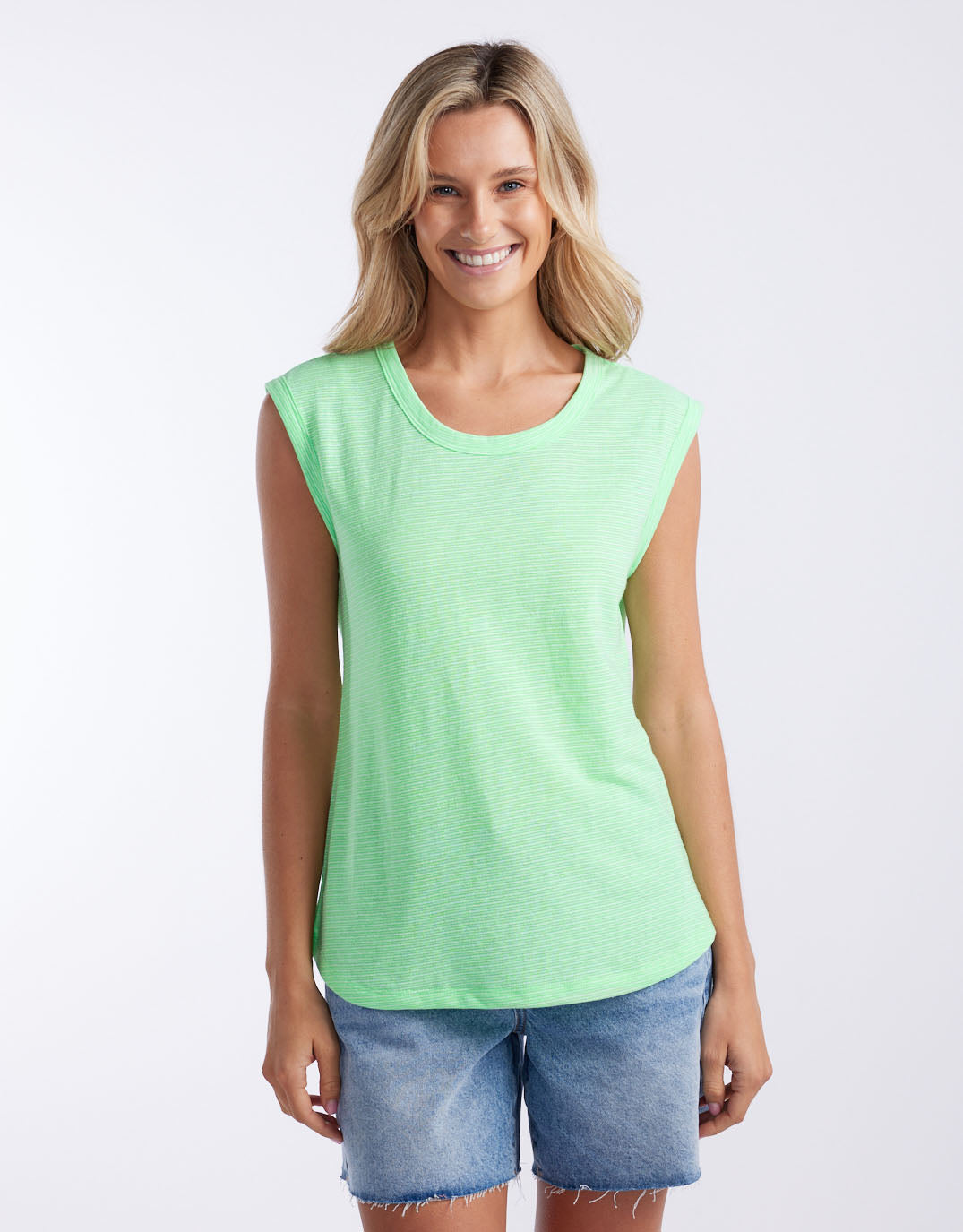 Image of a model wearing Tops. Productname: Sorbet Stripe Cali Tank - in Neon Green colour by brand - White & Co.
