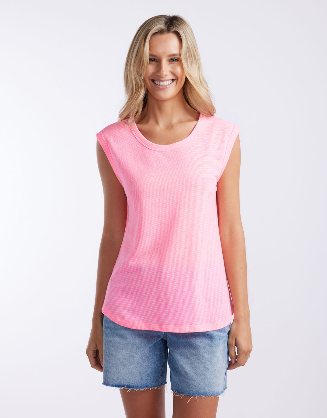 Image of a model wearing Tops. Productname: Sorbet Stripe Cali Tank - in Neon Pink colour by brand - White & Co.