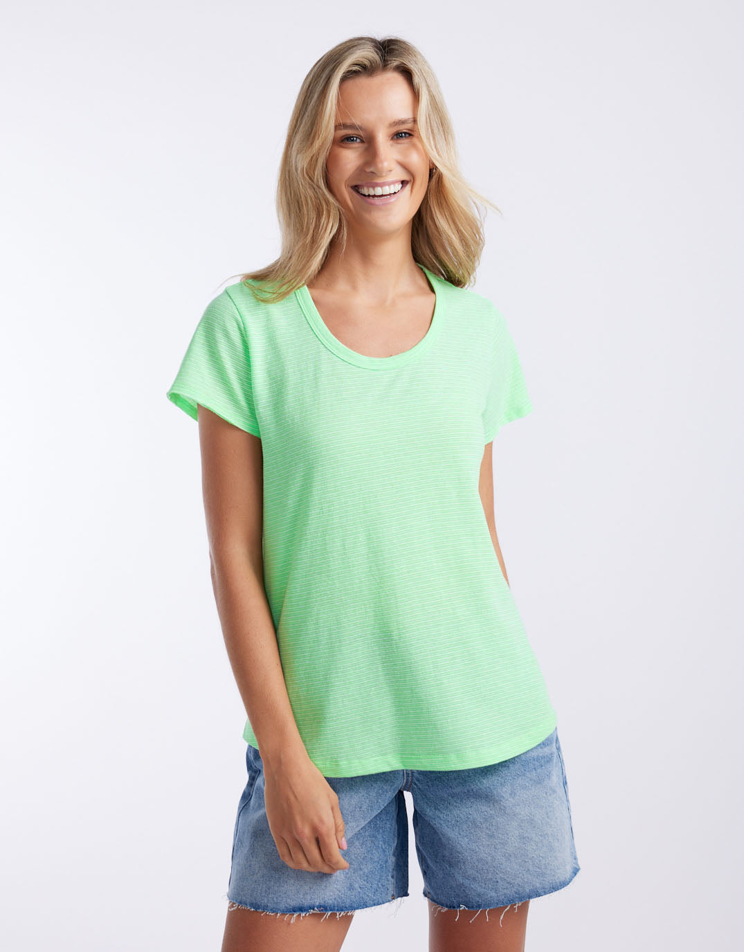 Image of a model wearing Tops. Productname: Sorbet Stripe Round Neck Tee - in Neon Green colour by brand - White & Co.
