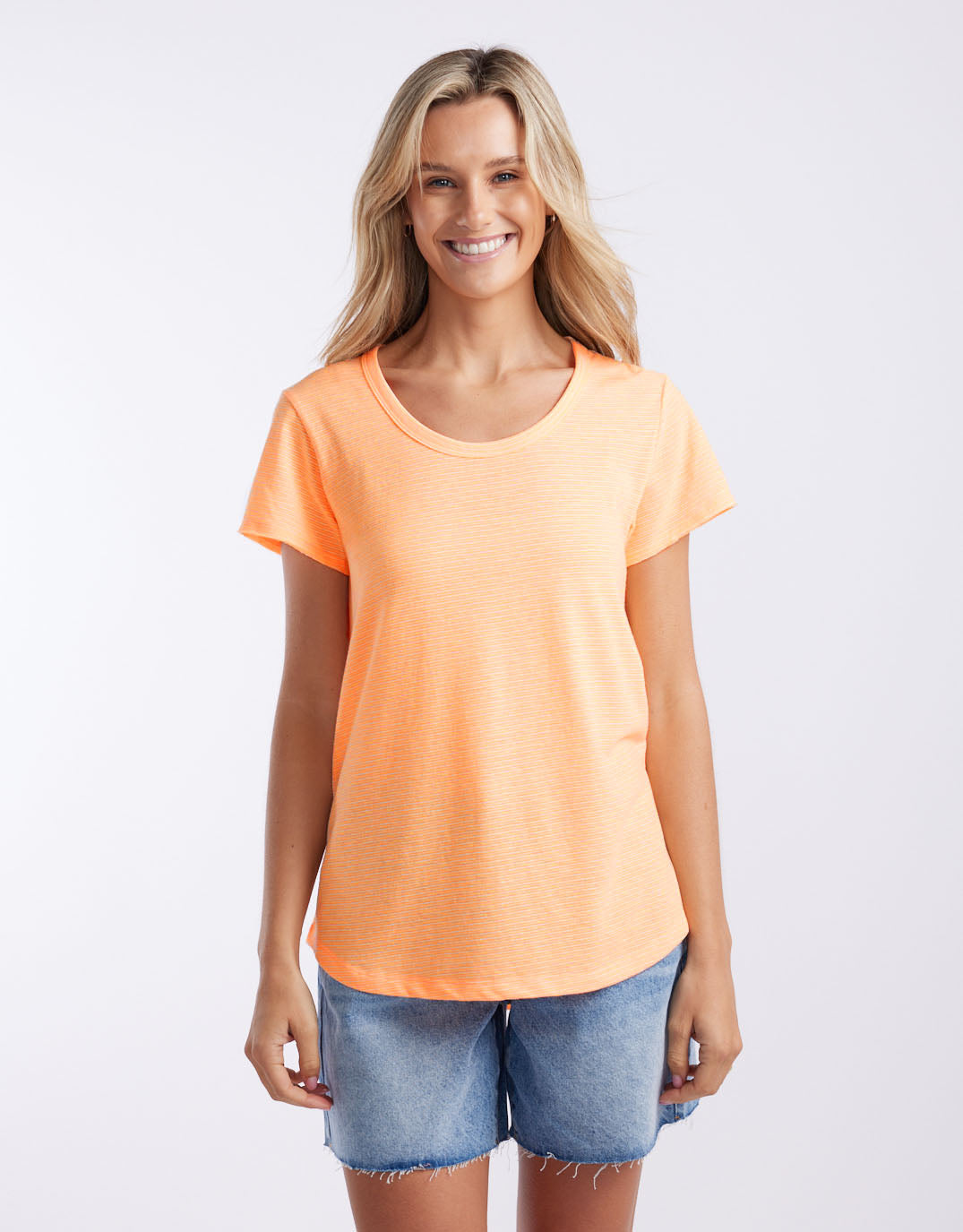 White & Co. Sorbet Stripe Round Neck Tee (Neon Orange)