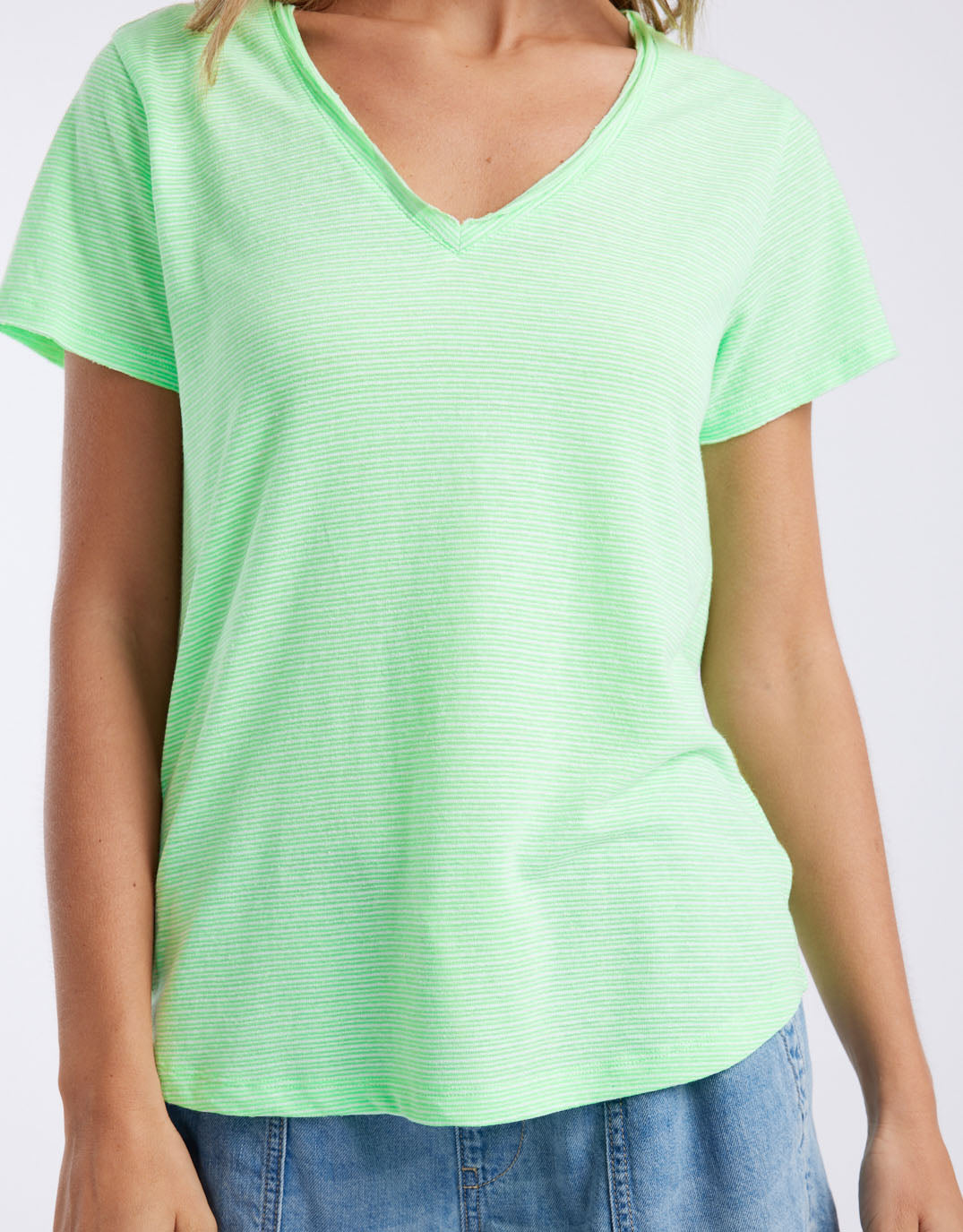 White & Co. Sorbet Stripe Vee Neck Tee (Neon Green)