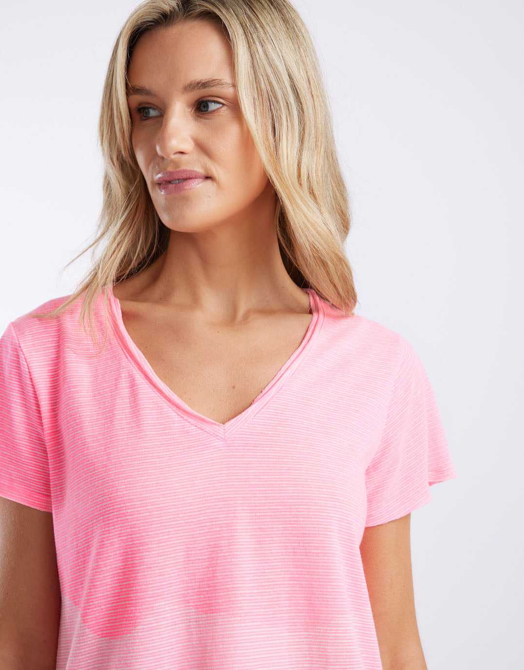 White & Co. Sorbet Stripe Vee Neck Tee (Neon Pink)