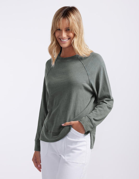 Image of a model wearing Tops. Productname: Sunset Throw On Top - in Washed Khaki colour by brand - White & Co.