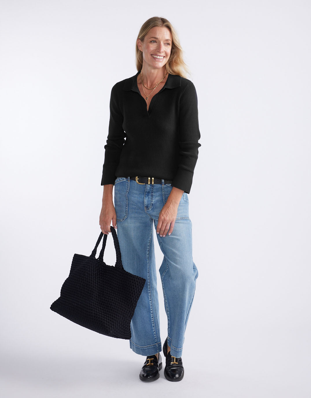 White & Co. The Refined Rib Long Sleeve Top (Black)