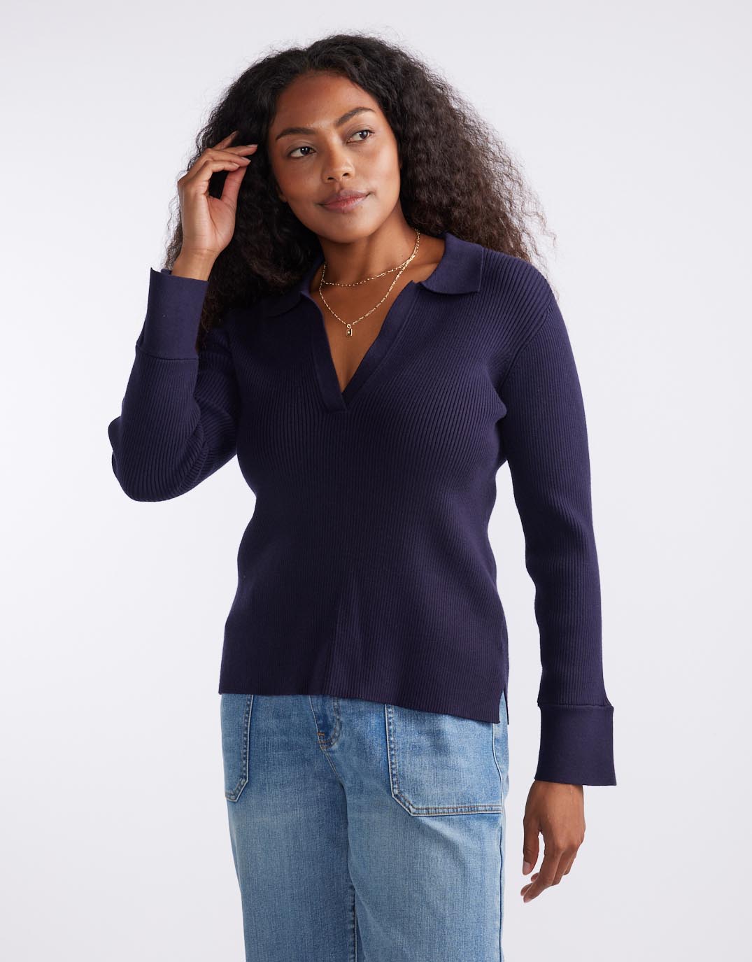 White & Co. The Refined Rib Long Sleeve Top (Navy)