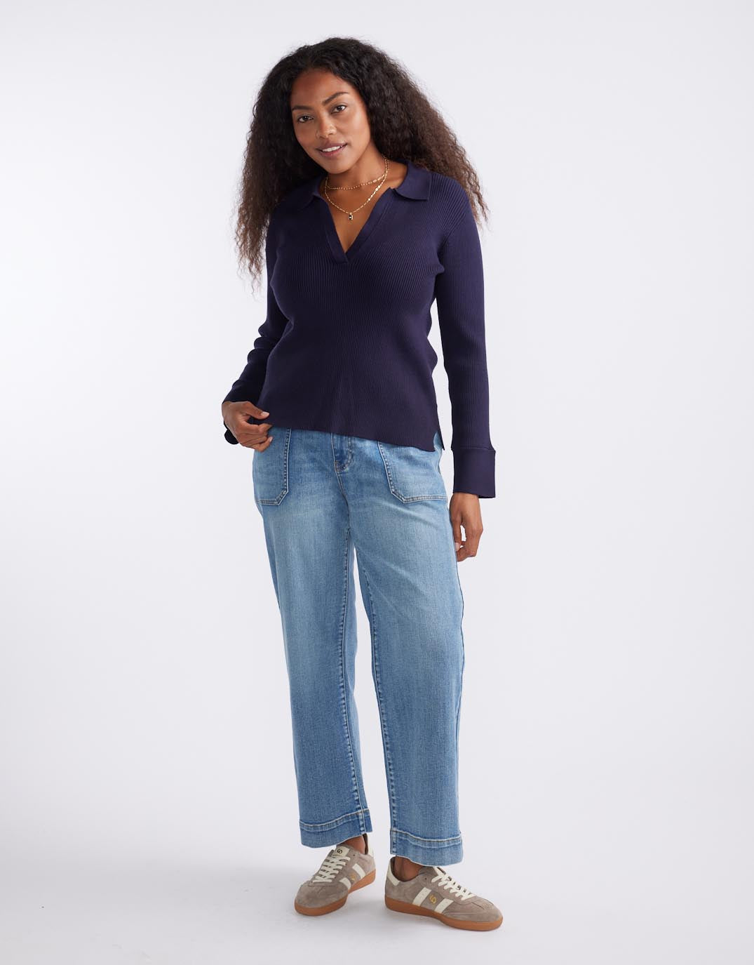 White & Co. The Refined Rib Long Sleeve Top (Navy)
