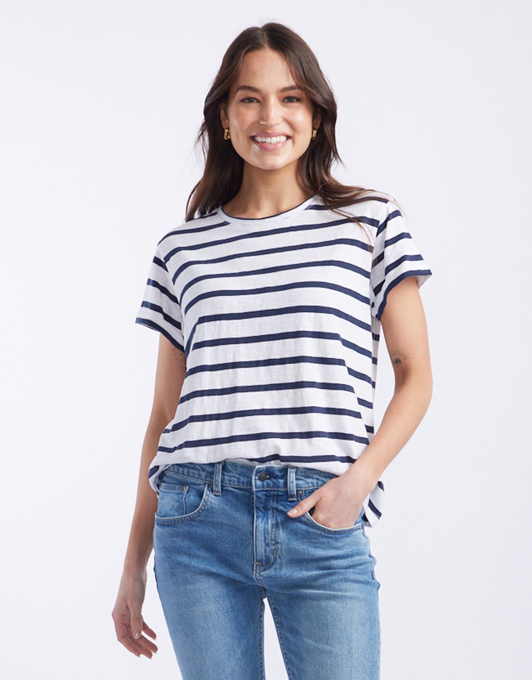 Image of a model wearing Tops. Productname: Turn Back T-Shirt - in White/Navy Stripe colour by brand - White & Co.
