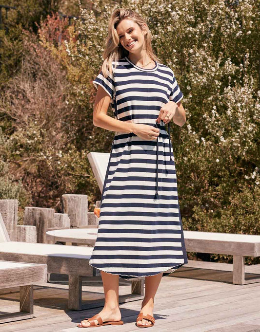 Image of Dresses. Productname: Turn Back Tee Midi Dress - in Navy / White Stripe colour by brand - White & Co.