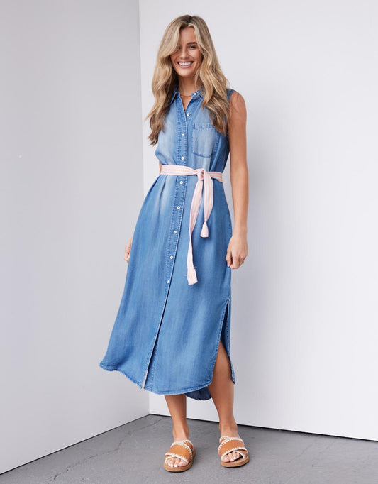 Image of Dresses. Productname: Vintage Denim Sleeveless Dress - in Mid Wash colour by brand - White & Co.