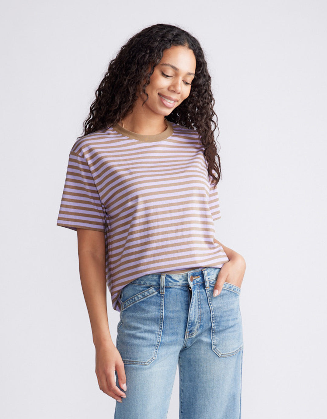 Image of T-Shirts. Product name - Relaxed Tee Lilac/Chocolate in Lilac/Chocolate colour by brand - White & Co.