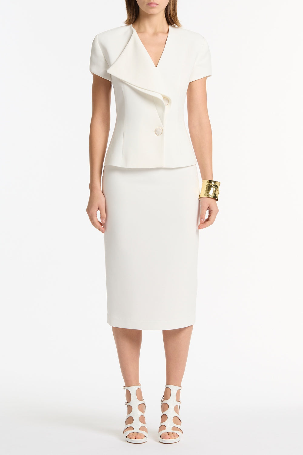 Image of Coats & Jackets. Product name - White Crepe Double-Breasted Vest in White colour by brand - Carla Zampatti
