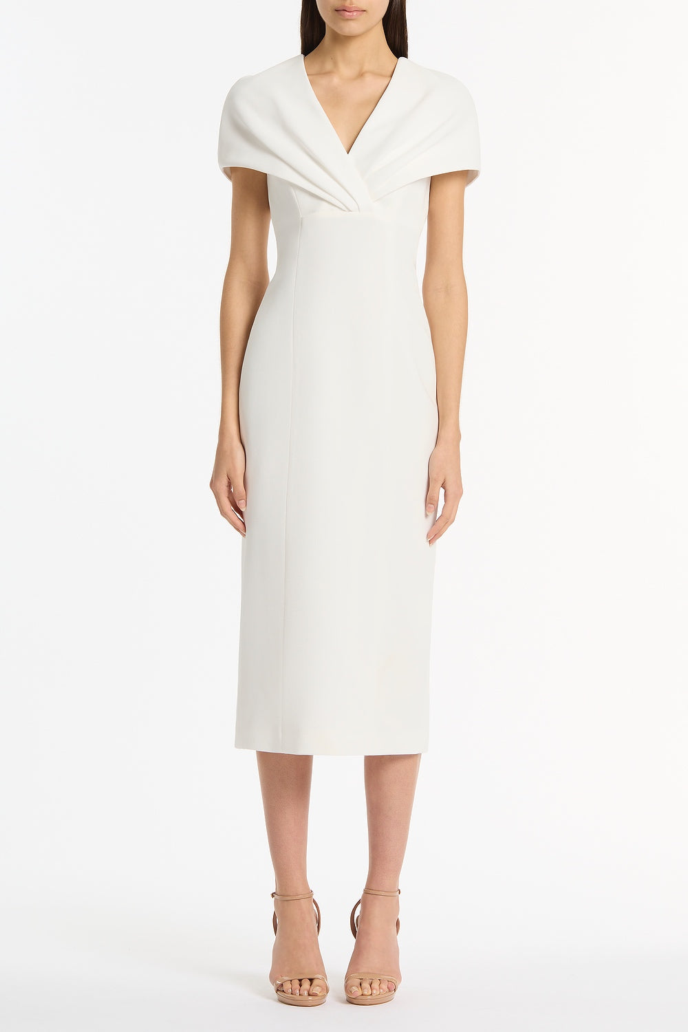Image of Dresses. Product name - White Crepe Front Tuck Midi Dress in White colour by brand - Carla Zampatti