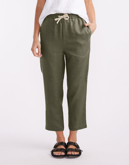 Image of a model wearing Pants. Productname: Abigail Linen Pant - in Khaki colour by brand - White by FTL