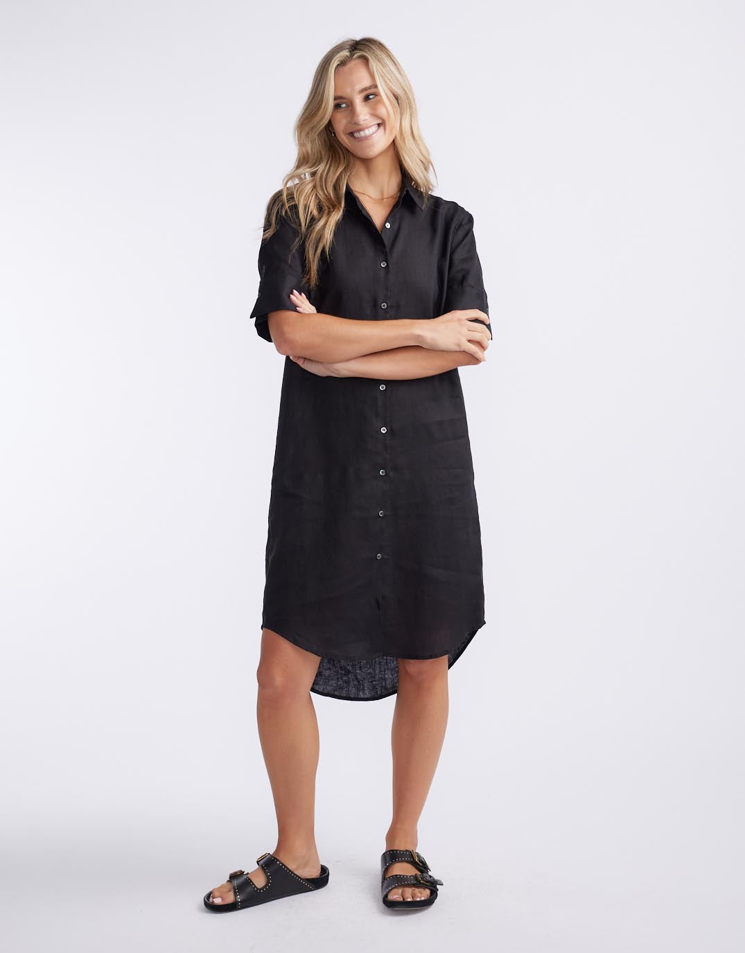 White by FTL Hettie Linen Shirt Dress (Black)