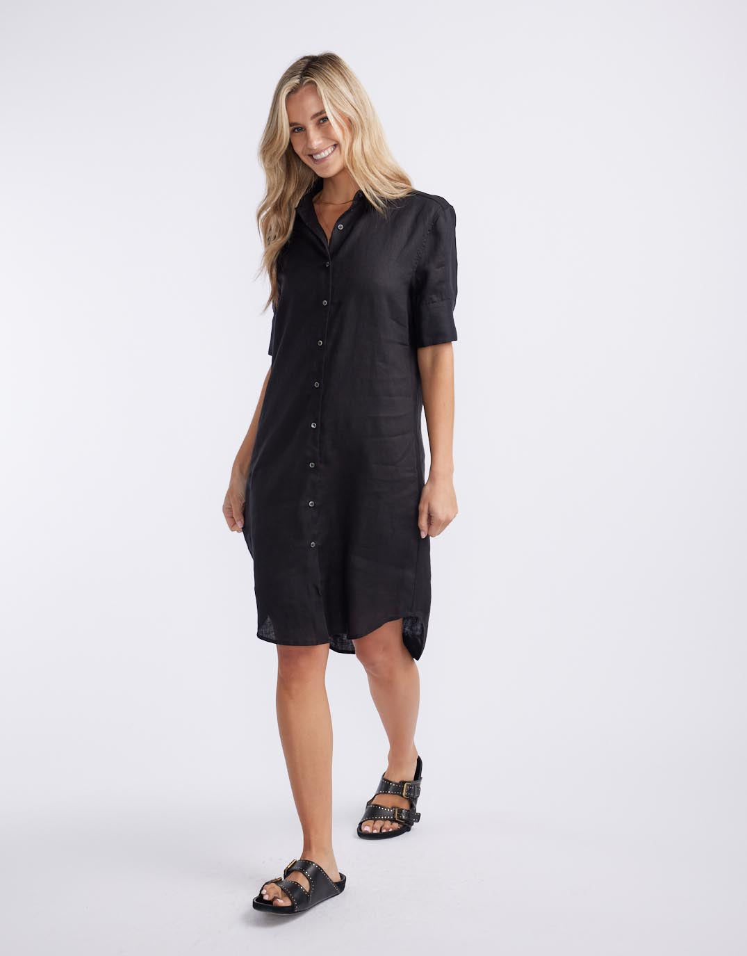 White by FTL Hettie Linen Shirt Dress (Black)