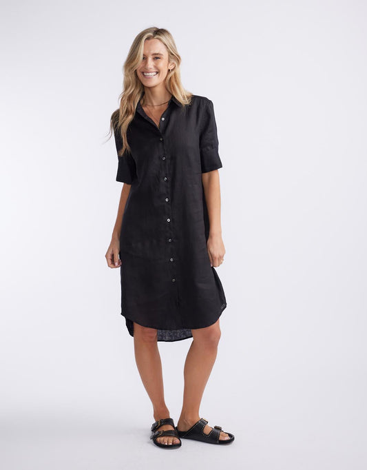 Image of Dresses. Productname: Hettie Linen Shirt Dress - in Black colour by brand - White by FTL