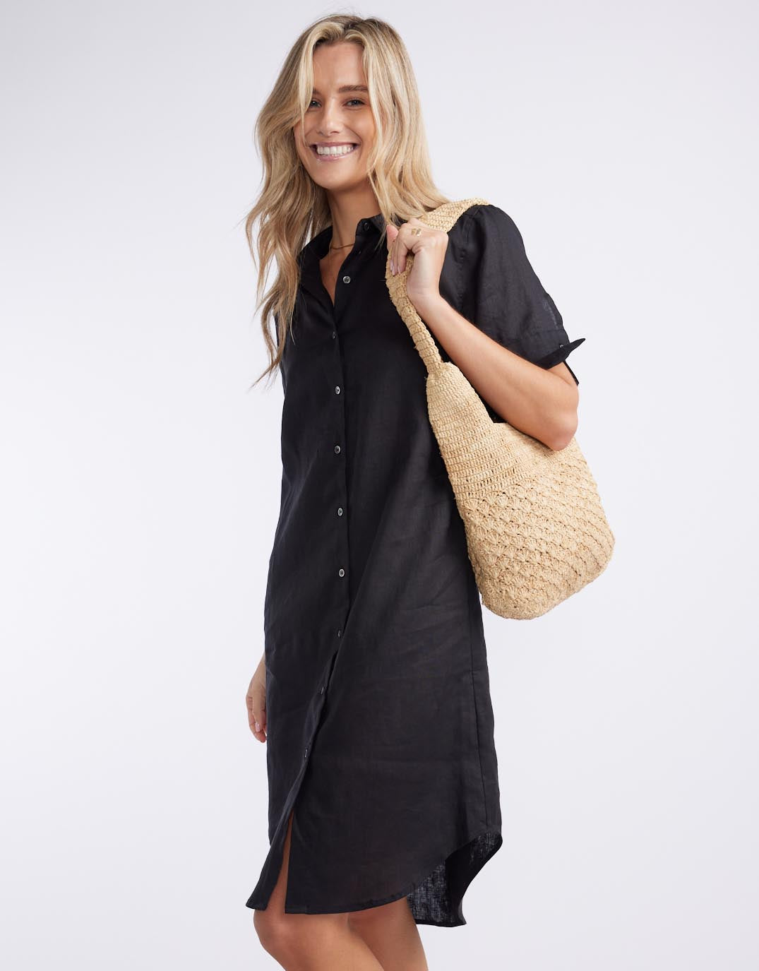 White by FTL Hettie Linen Shirt Dress (Black)