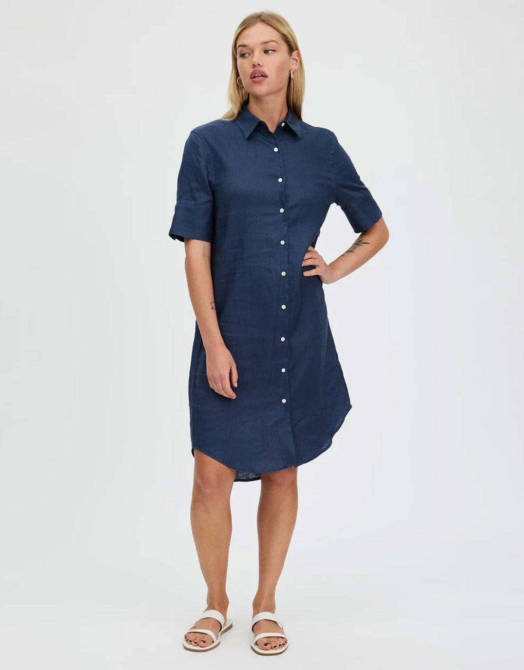 White by FTL Hettie Linen Shirt Dress (French Navy)
