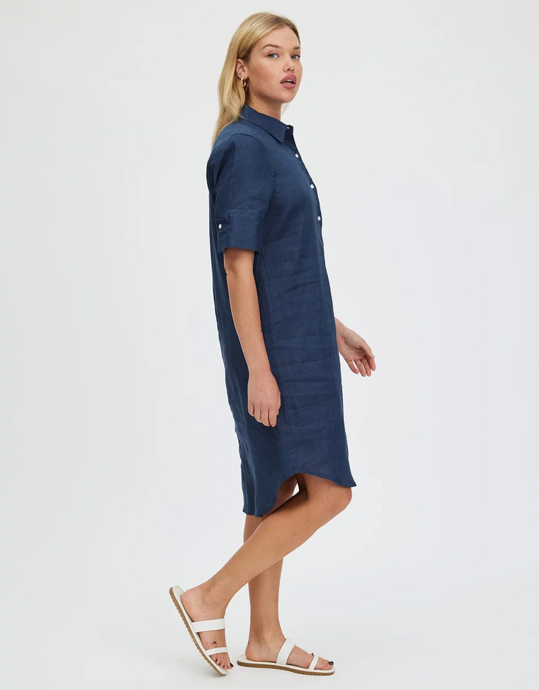 White by FTL Hettie Linen Shirt Dress (French Navy)