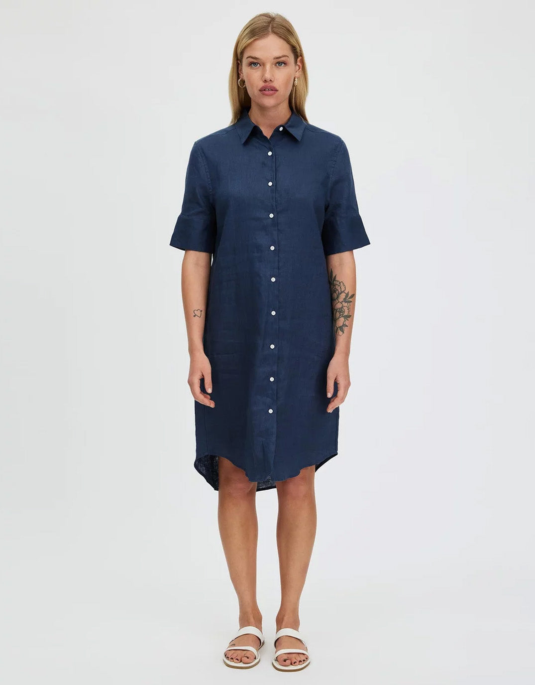 White by FTL Hettie Linen Shirt Dress (French Navy)