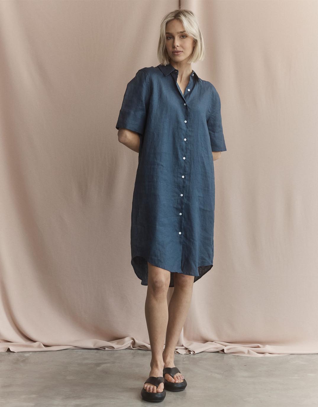 White by FTL Hettie Linen Shirt Dress (French Navy)