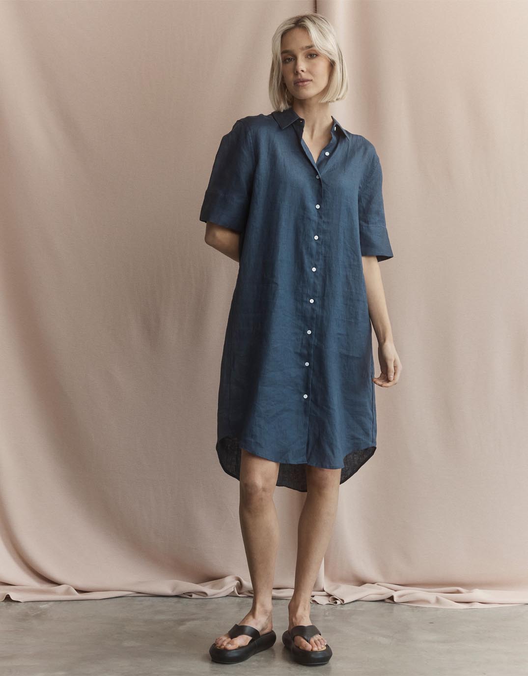 White by FTL Hettie Linen Shirt Dress (French Navy)