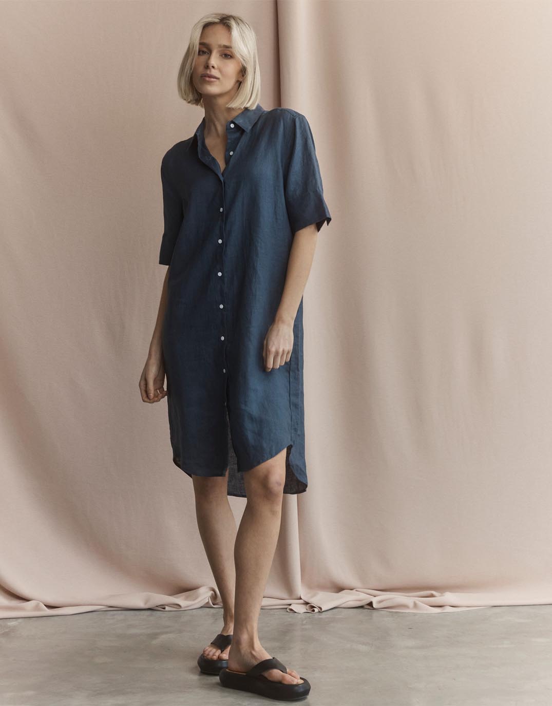 White by FTL Hettie Linen Shirt Dress (French Navy)