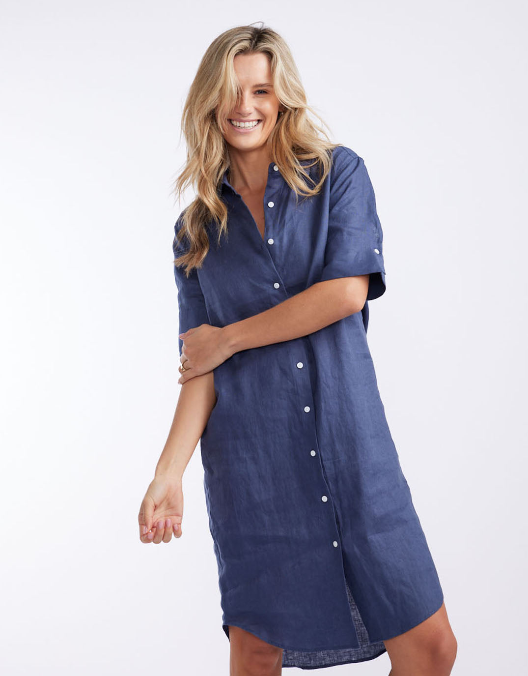 Image of Dresses. Productname: Hettie Linen Shirt Dress - in French Navy colour by brand - White by FTL