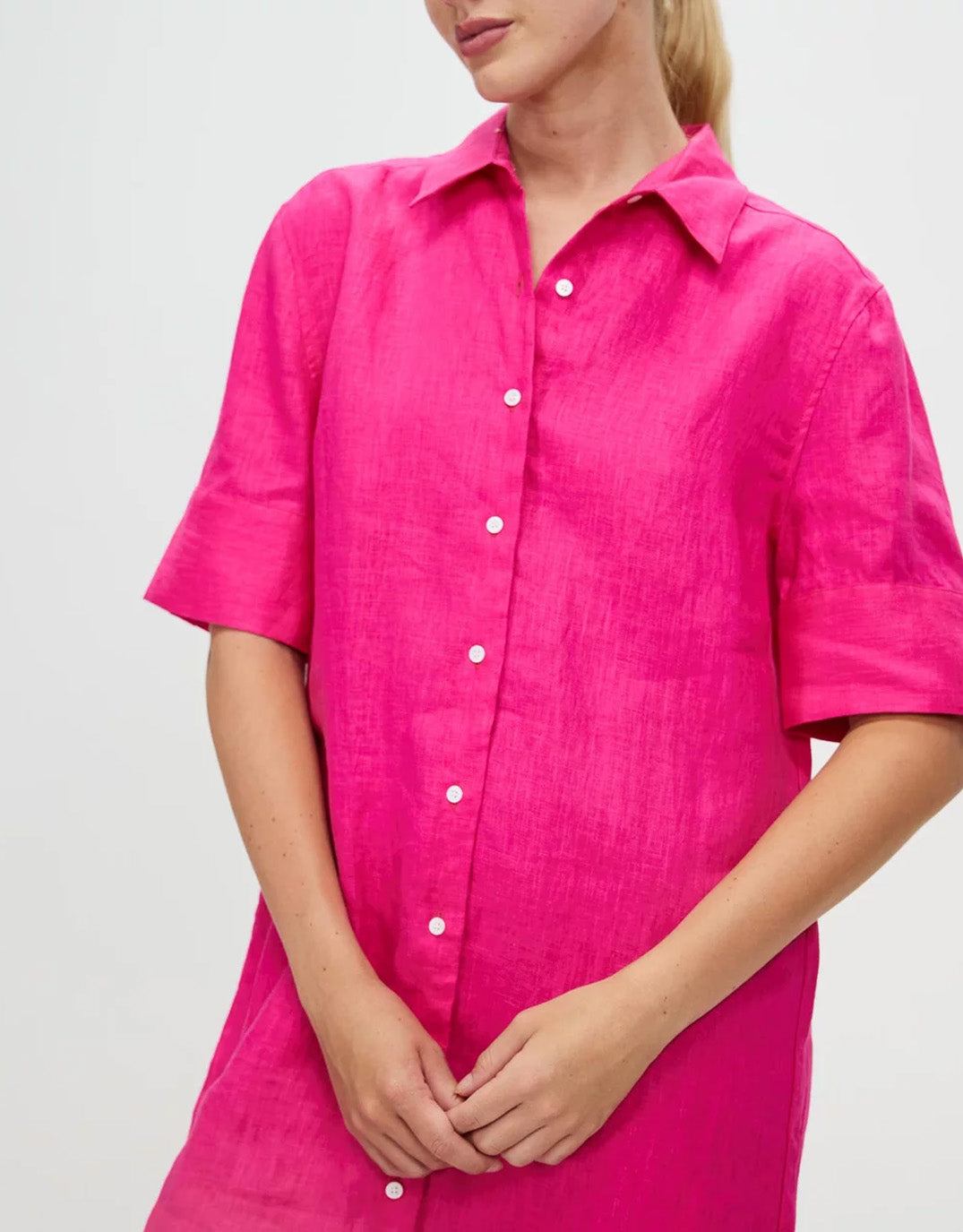 White by FTL Hettie Linen Shirt Dress (Fuchsia)
